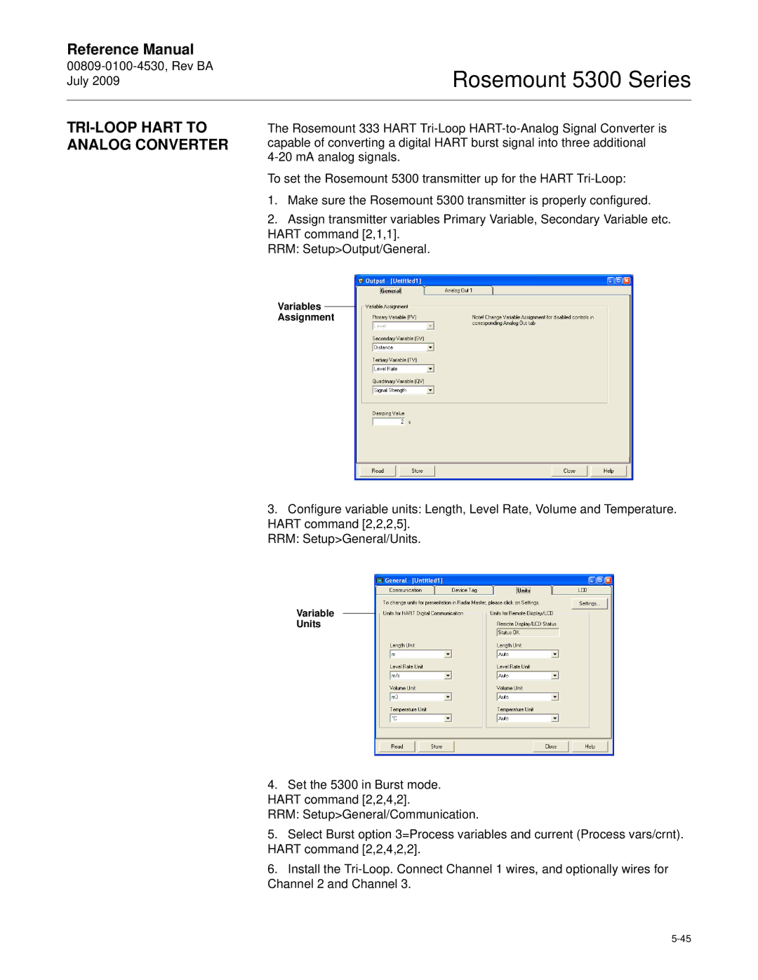 Emerson Process Management 5300 manual TRI-LOOP Hart to Analog Converter, Variables Assignment, Variable Units 