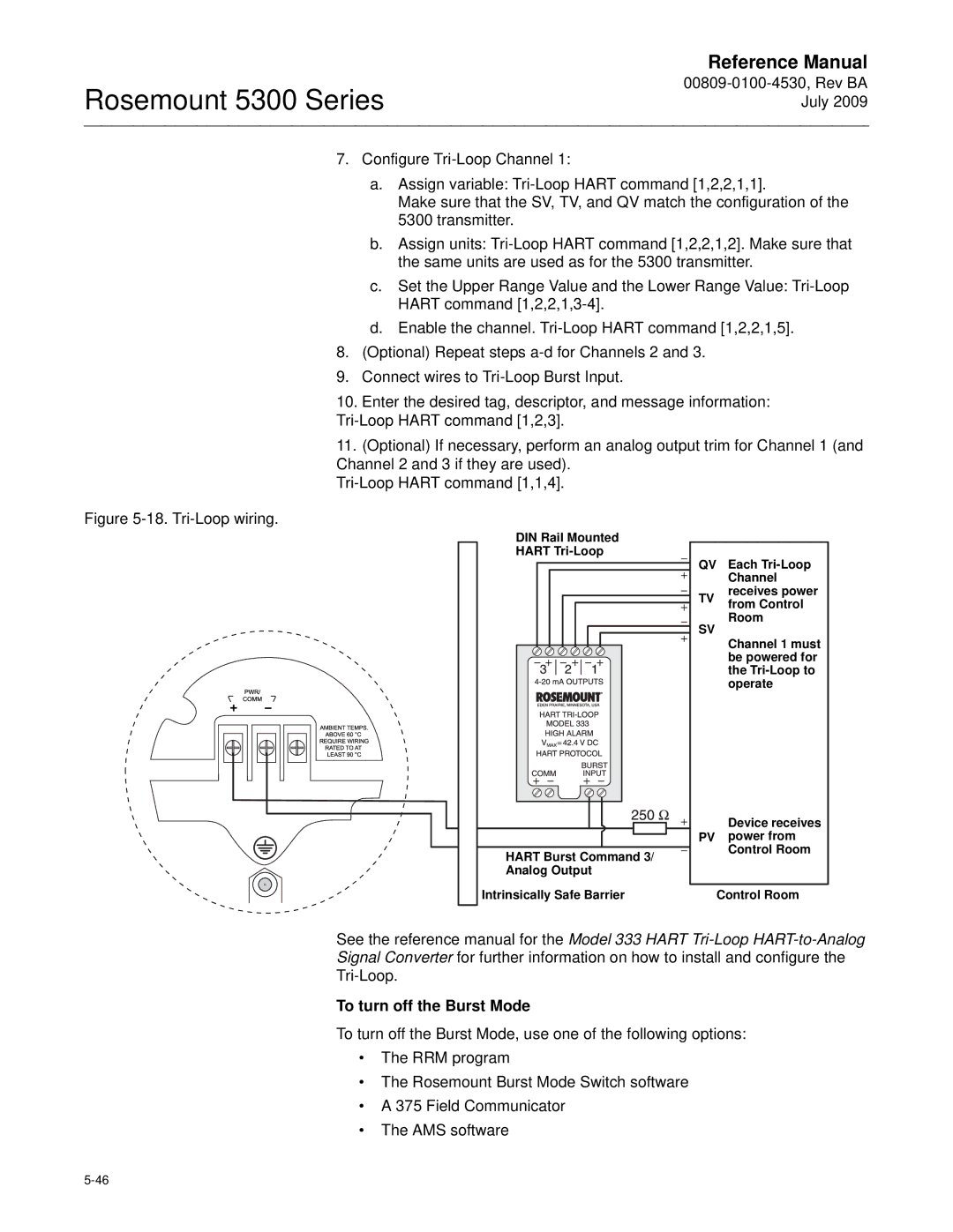 Emerson Process Management 5300 manual To turn off the Burst Mode, DIN Rail Mounted, Control Room 