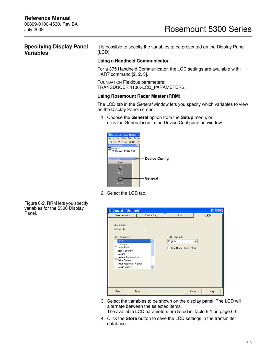 Emerson Process Management 5300 Specifying Display Panel Variables, Using a Handheld Communicator, Select the LCD tab 