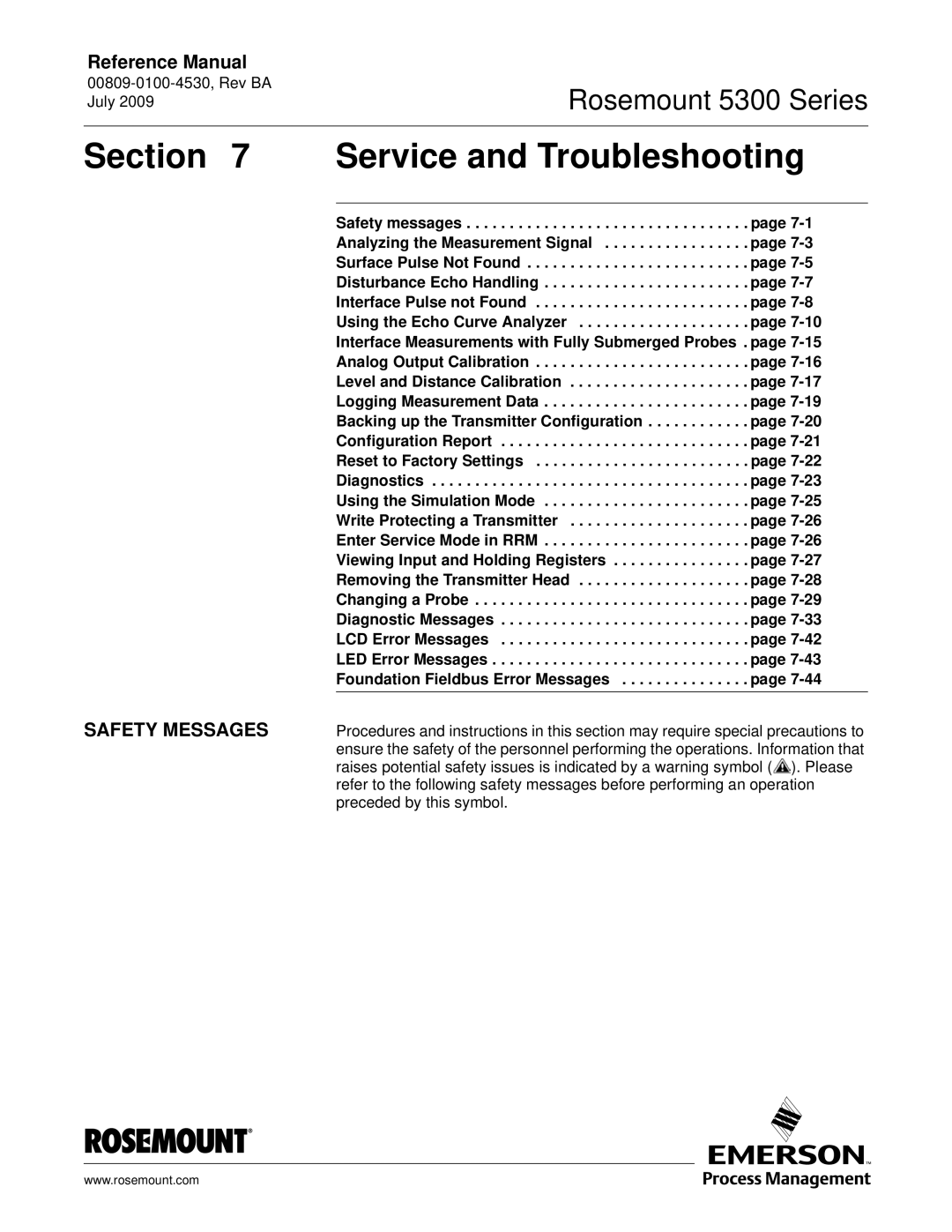 Emerson Process Management 5300 manual Service and Troubleshooting, Foundation Fieldbus Error Messages 