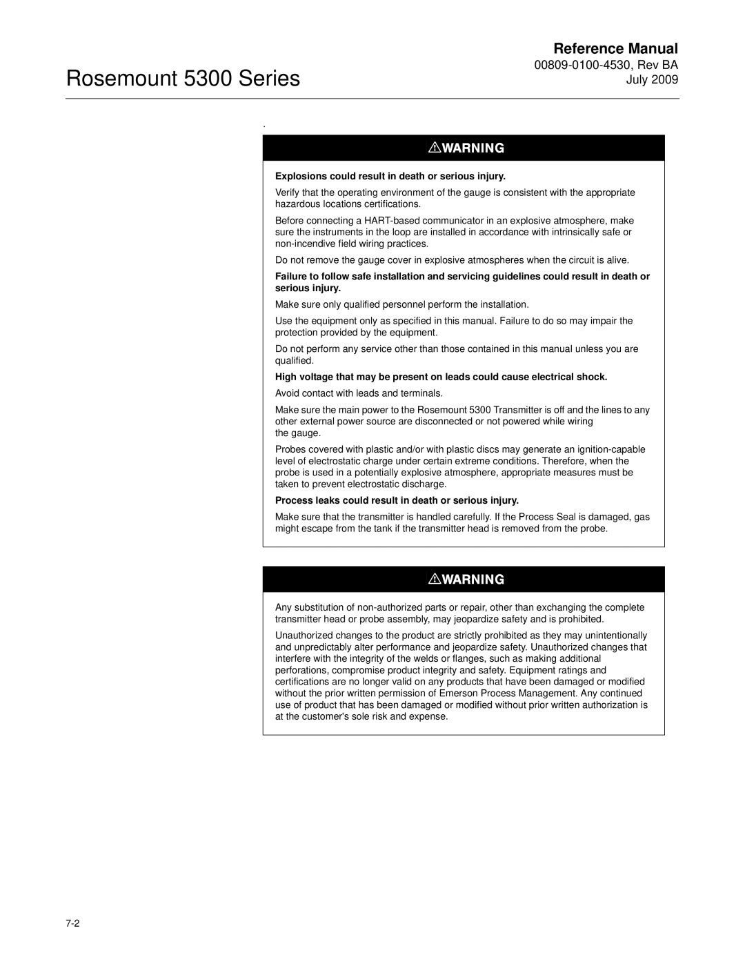 Emerson Process Management 5300 manual Explosions could result in death or serious injury 