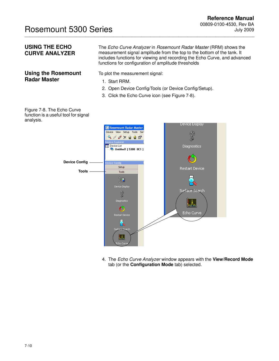 Emerson Process Management 5300 manual Using the Echo Curve Analyzer, Using the Rosemount Radar Master, Device Config Tools 