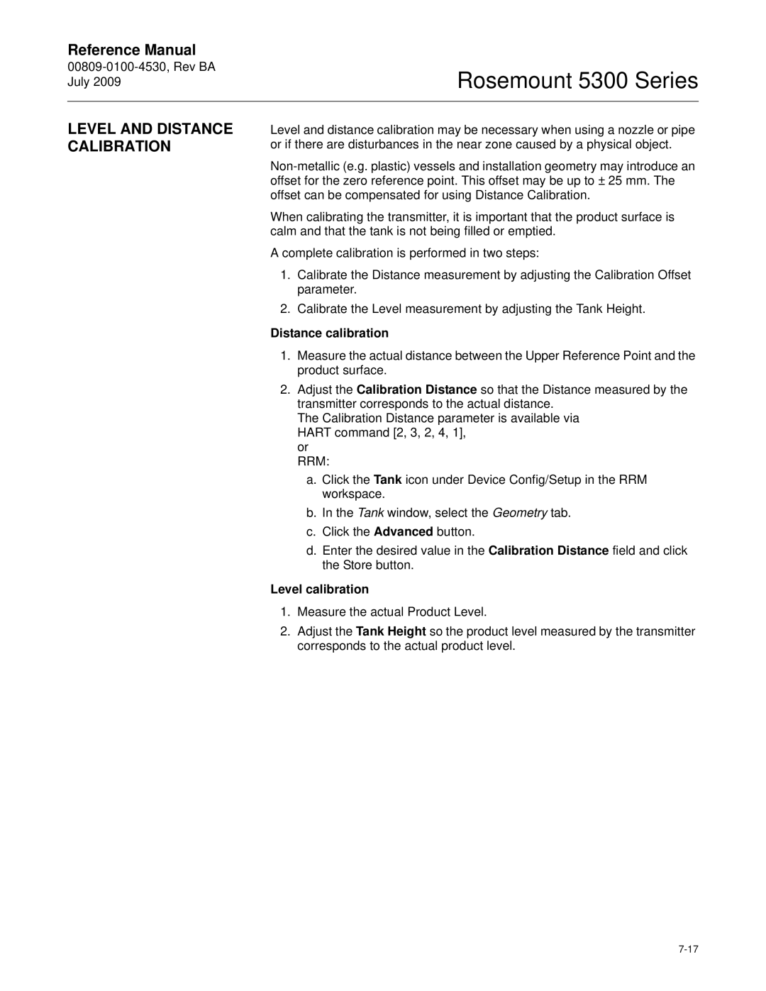 Emerson Process Management 5300 manual Level and Distance Calibration, Distance calibration, Level calibration 