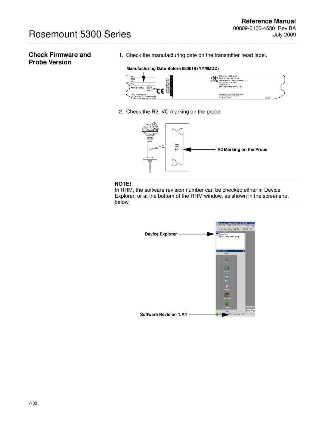 Emerson Process Management 5300 manual Check Firmware and Probe Version, Check the R2, VC marking on the probe 