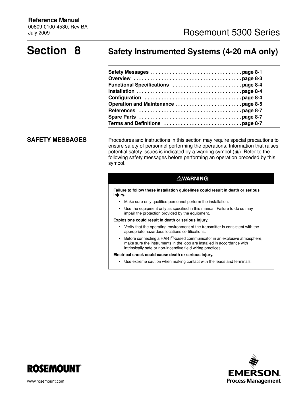 Emerson Process Management 5300 manual Section, Safety Instrumented Systems 4-20 mA only 