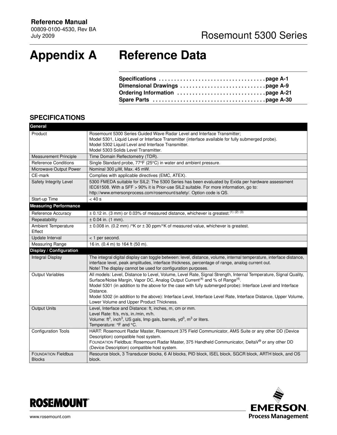 Emerson Process Management 5300 manual Appendix a Reference Data, General, Measuring Performance, Display / Configuration 