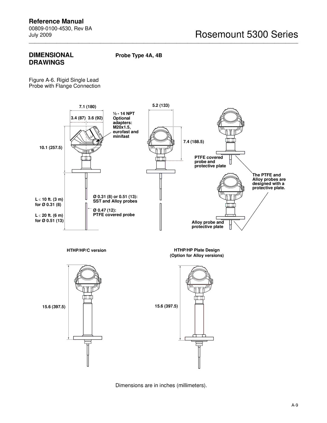 Emerson Process Management 5300 manual Dimensional, Drawings, Probe Type 4A, 4B, Dimensions are in inches millimeters 