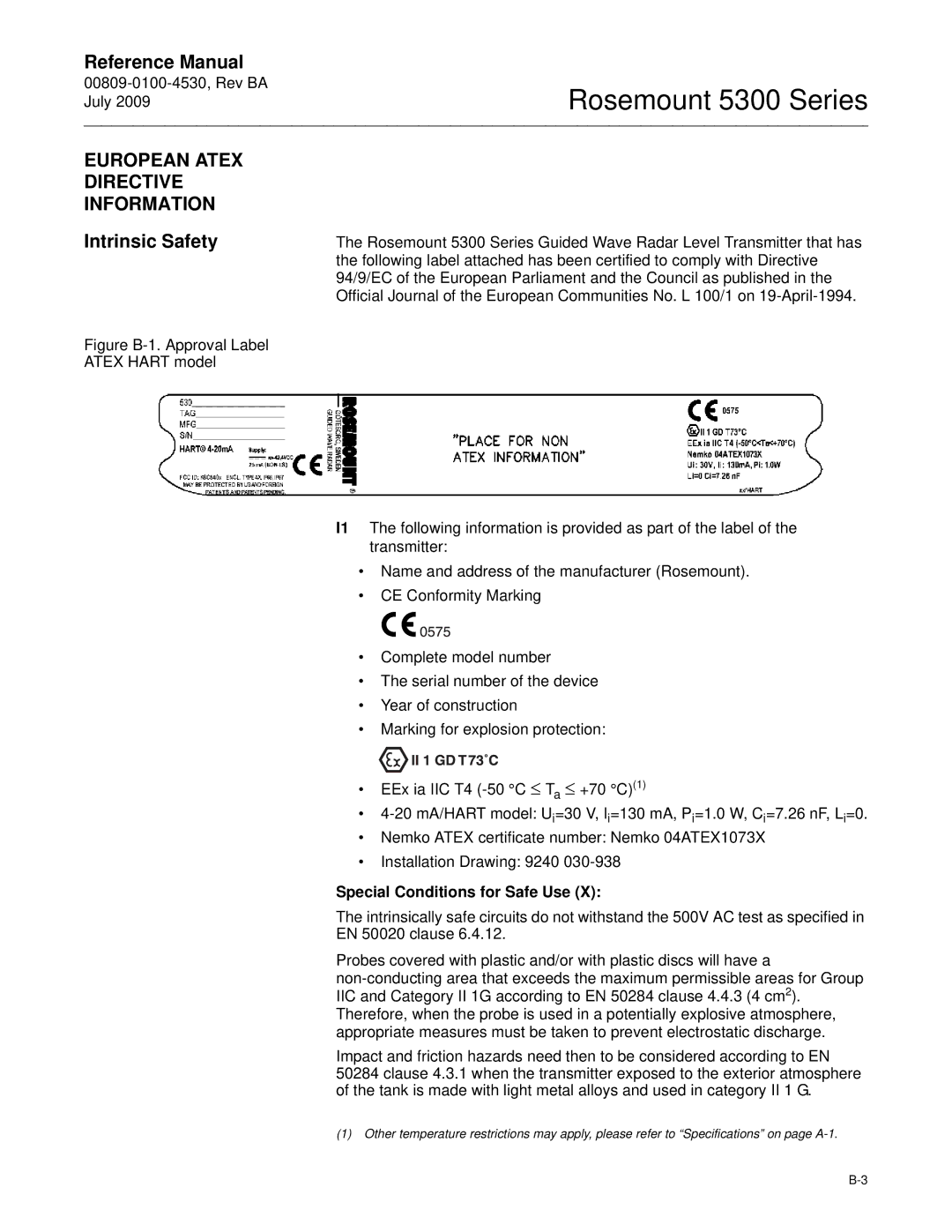 Emerson Process Management 5300 European Atex Directive Information, Intrinsic Safety, Special Conditions for Safe Use 