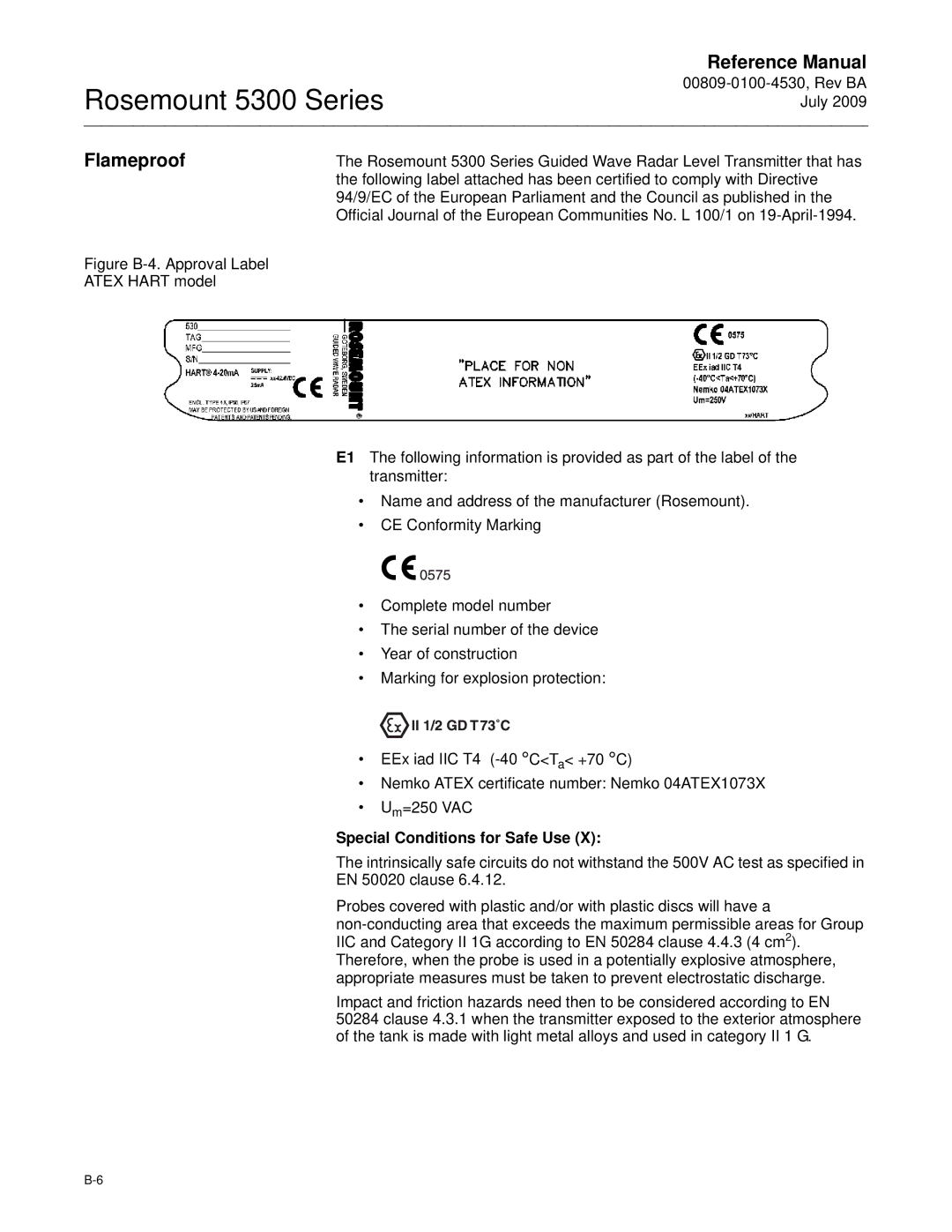 Emerson Process Management 5300 manual Flameproof 