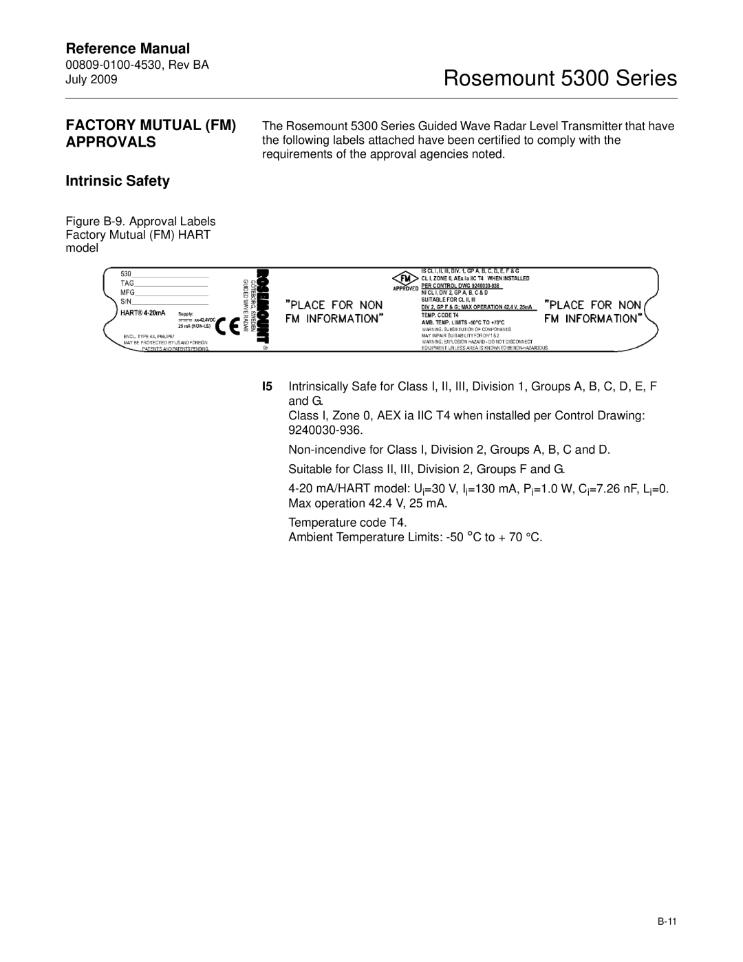 Emerson Process Management 5300 manual Factory Mutual FM Approvals, Intrinsic Safety 