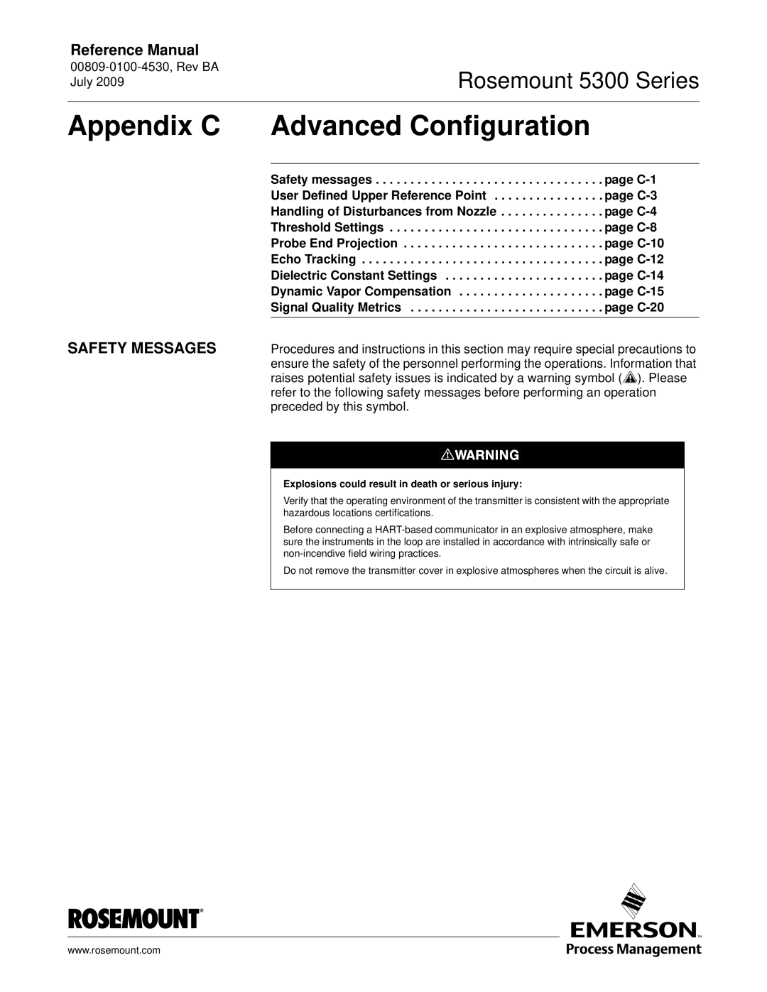 Emerson Process Management 5300 manual Appendix C Advanced Configuration, Safety Messages 