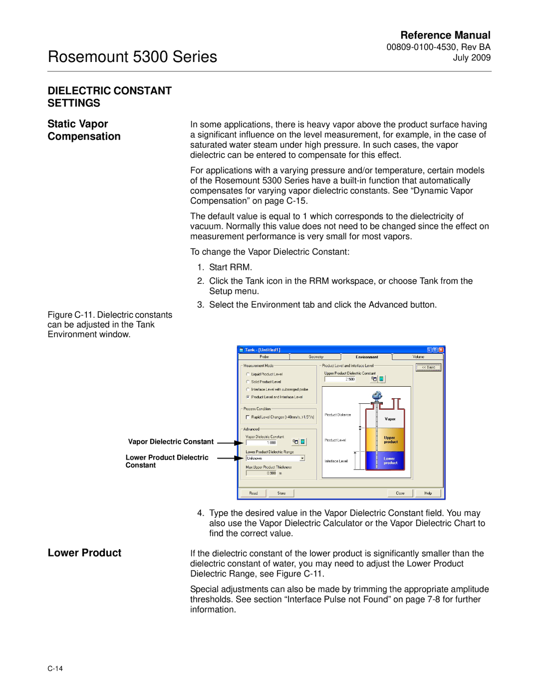 Emerson Process Management 5300 manual Dielectric Constant Settings, Static Vapor Compensation, Lower Product 