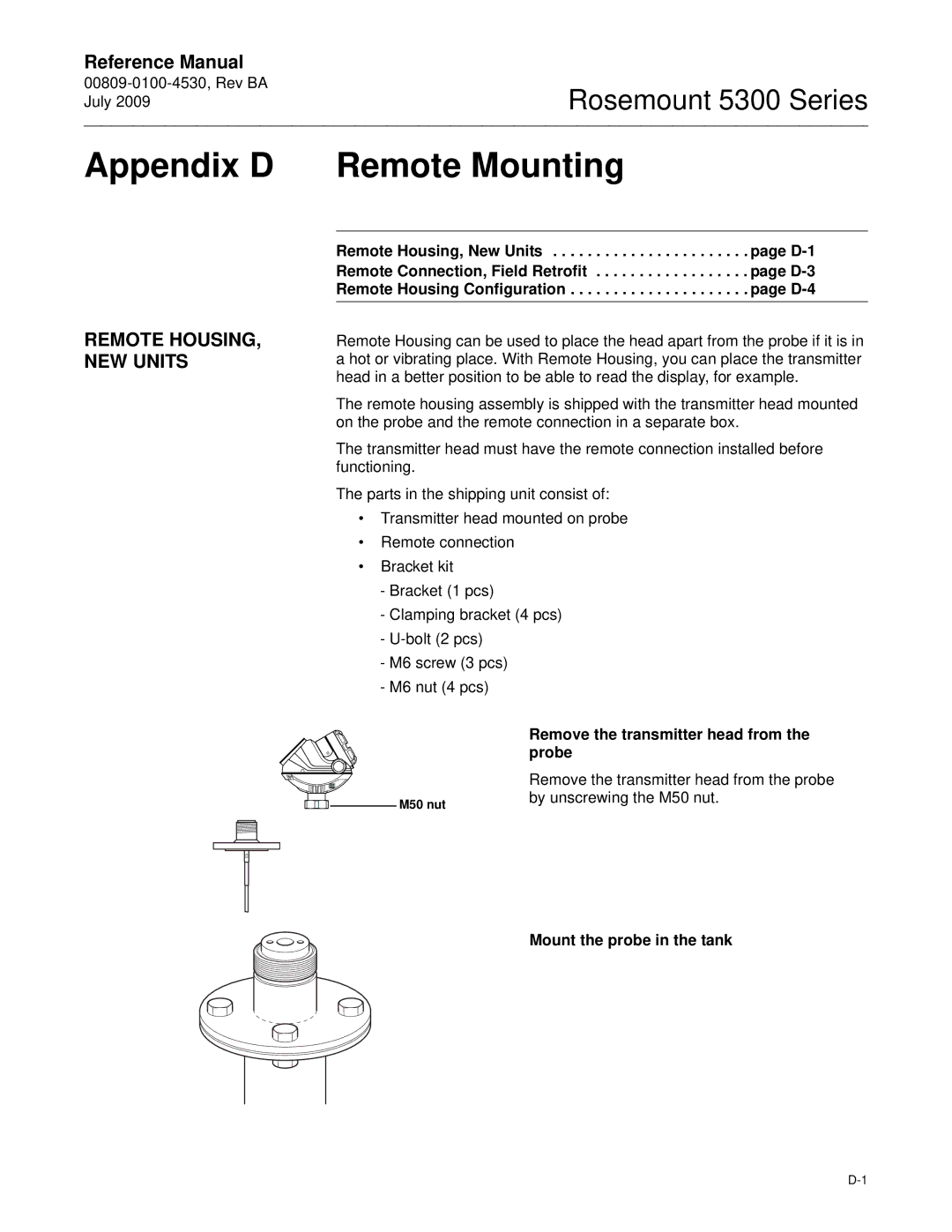 Emerson Process Management 5300 manual Appendix D Remote Mounting, Remote HOUSING, NEW Units 