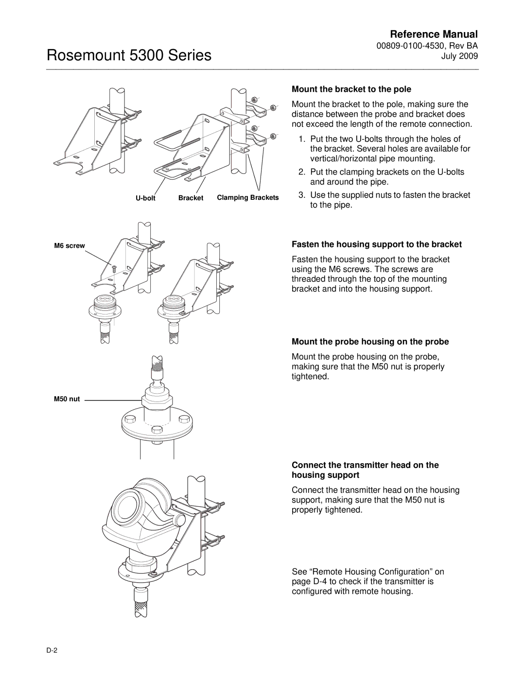 Emerson Process Management 5300 Mount the probe housing on the probe, Connect the transmitter head on the housing support 