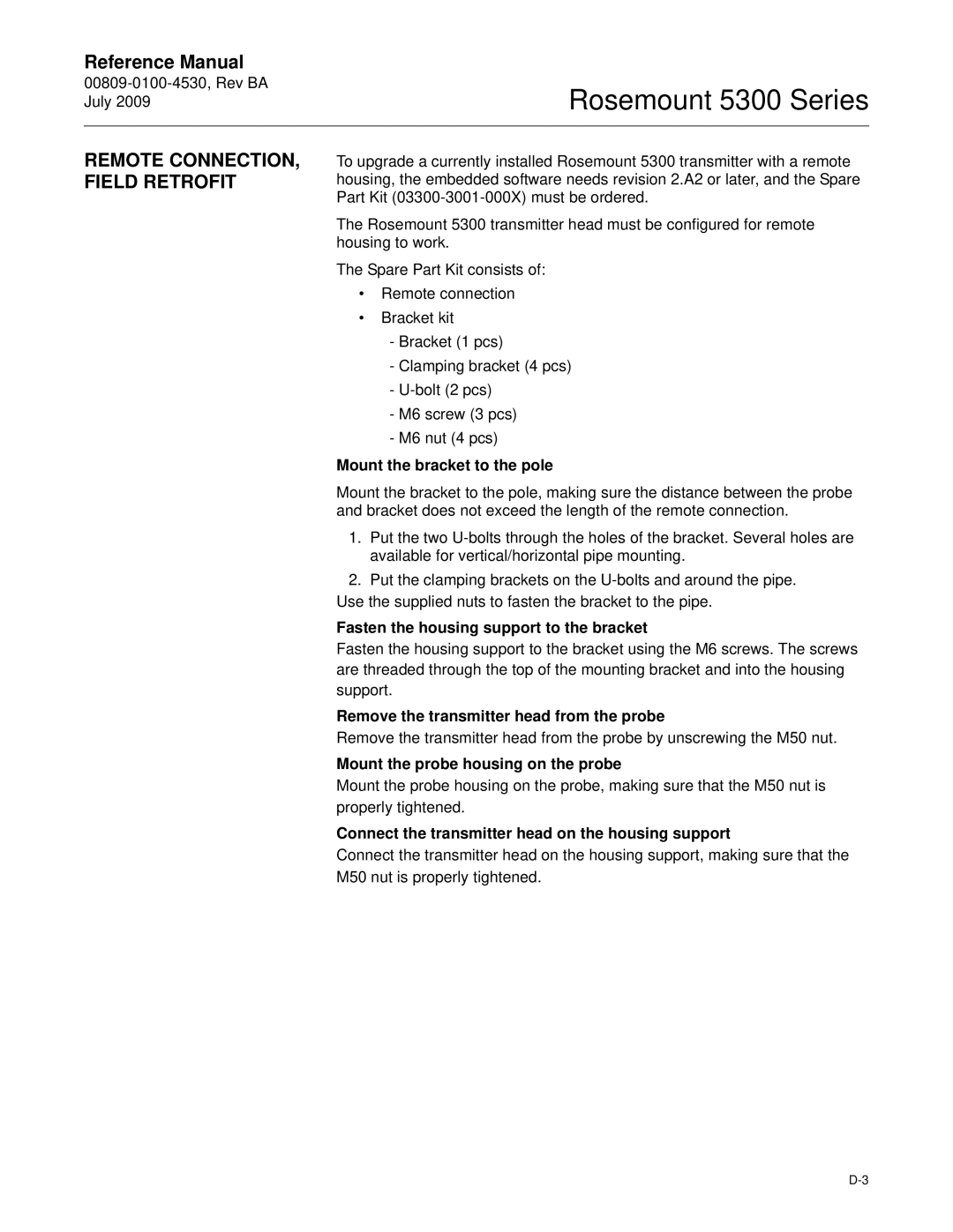 Emerson Process Management 5300 manual Remote CONNECTION, Field Retrofit 