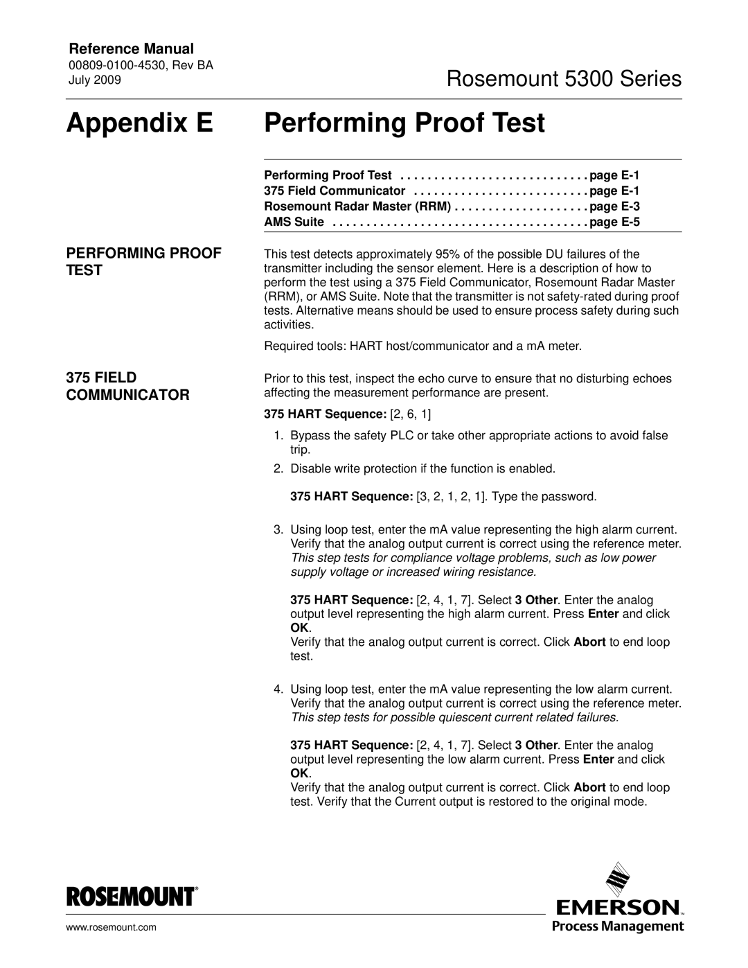 Emerson Process Management 5300 manual Appendix E Performing Proof Test, Performing Proof Test Field Communicator 