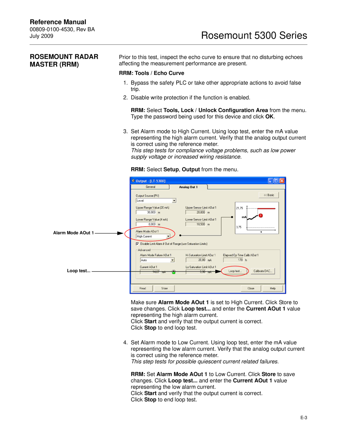 Emerson Process Management 5300 Rosemount Radar Master RRM, RRM Tools / Echo Curve, RRM Select Setup, Output from the menu 