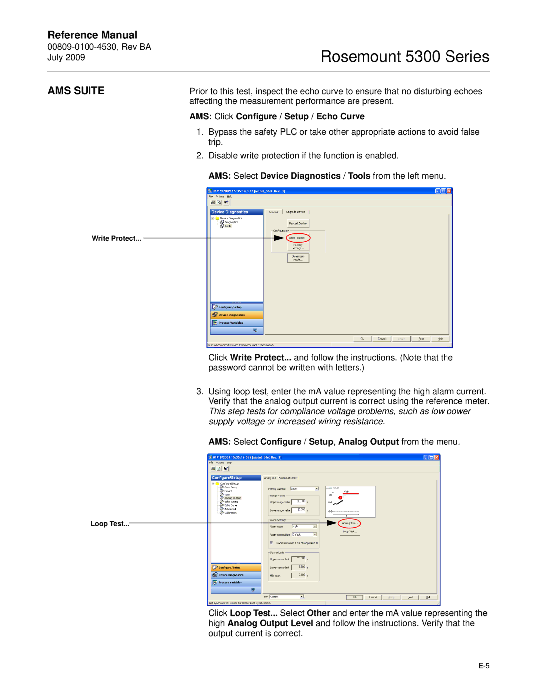 Emerson Process Management 5300 manual AMS Suite, AMS Click Configure / Setup / Echo Curve, Write Protect 