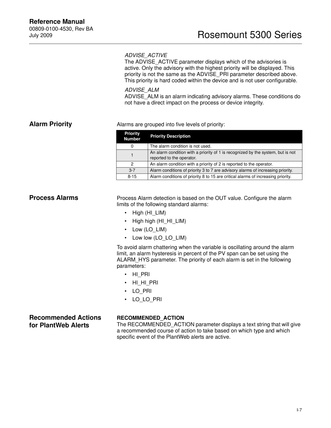 Emerson Process Management 5300 manual Alarm Priority, Process Alarms Recommended Actions for PlantWeb Alerts 