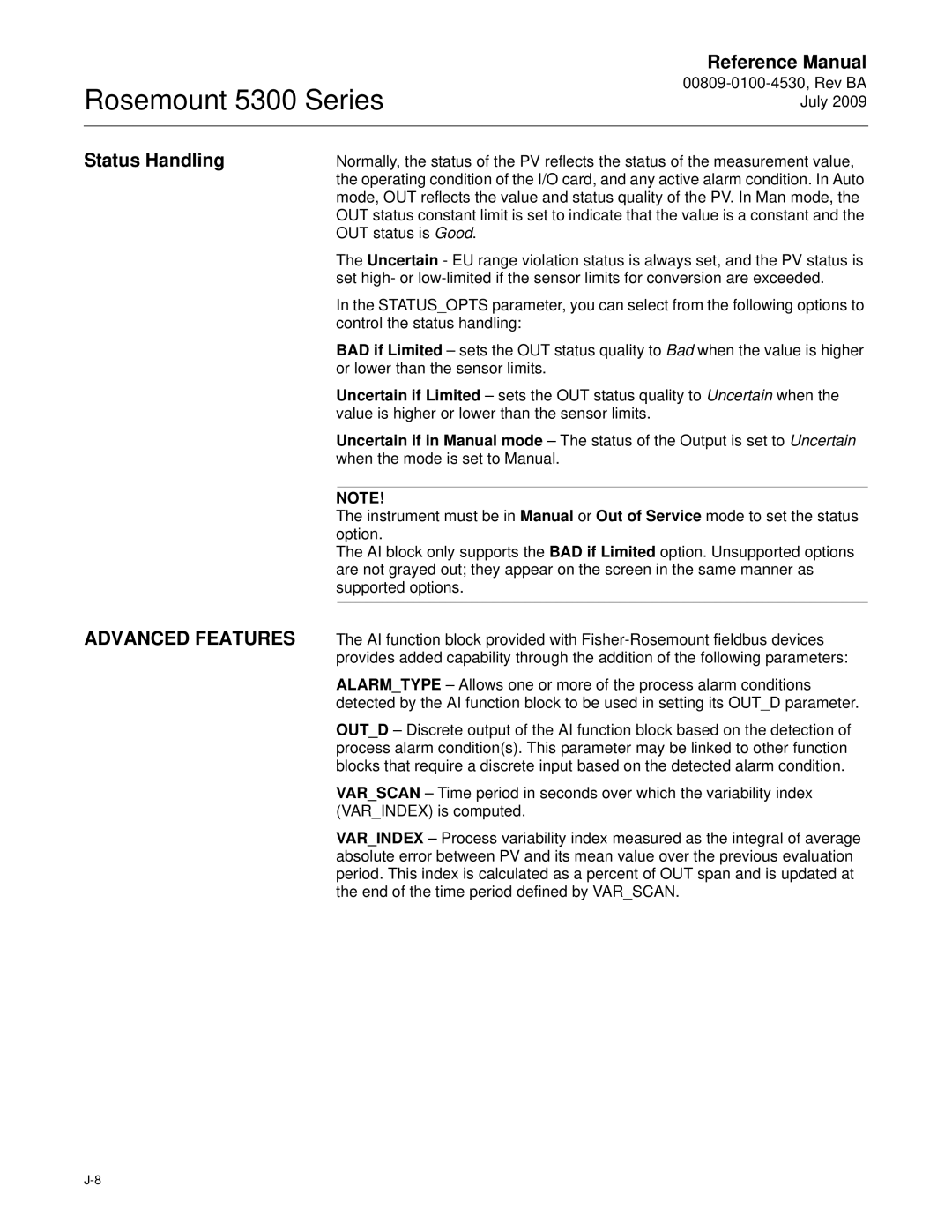 Emerson Process Management 5300 manual Status Handling, Advanced Features 