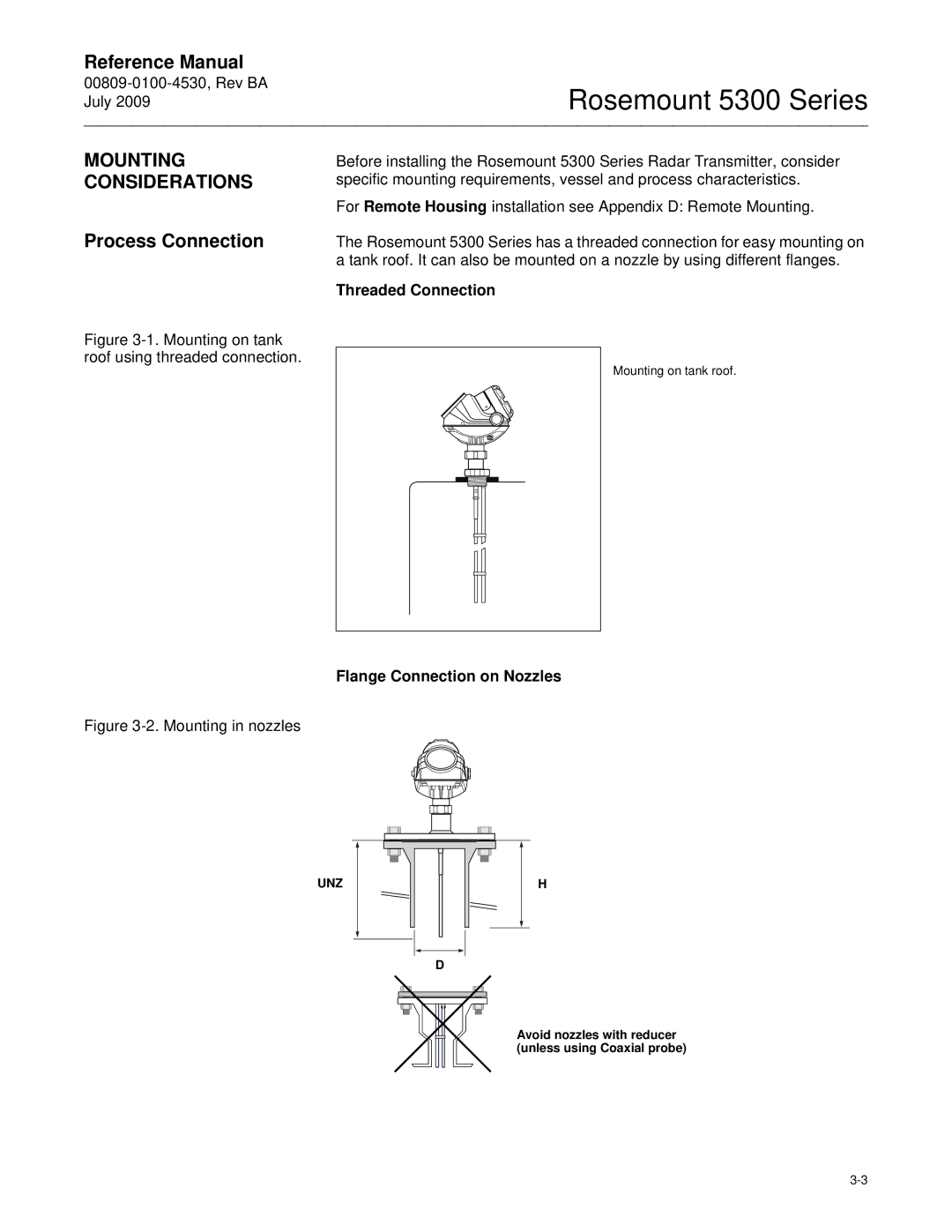 Emerson Process Management 5300 manual Mounting, Considerations, Process Connection, Threaded Connection 