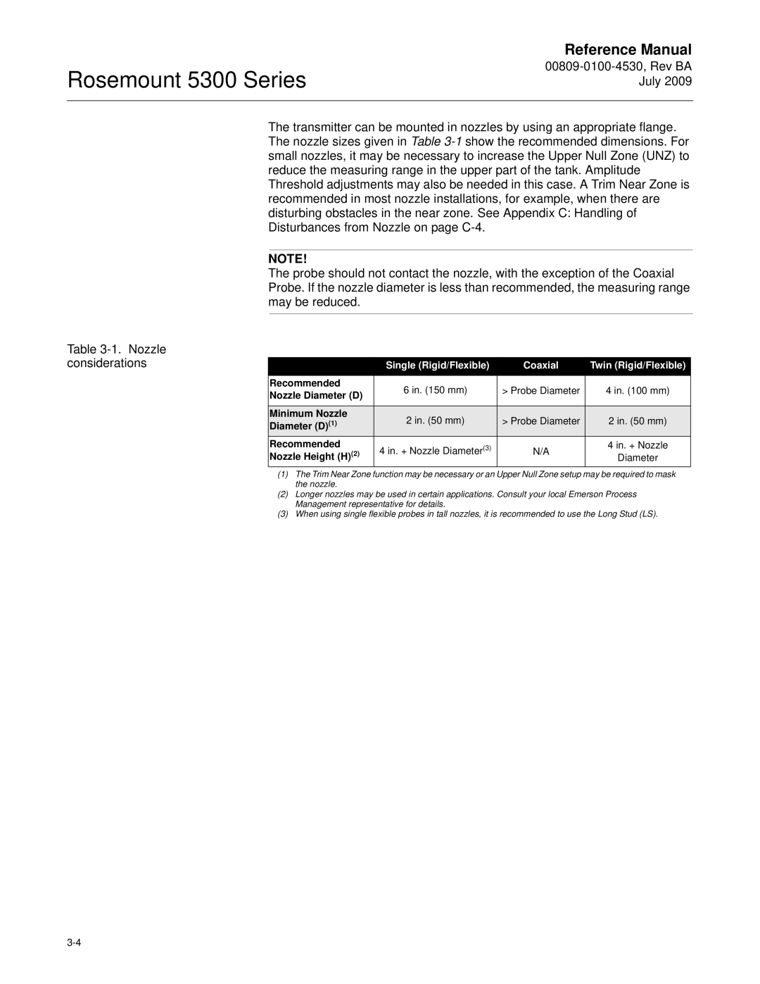 Emerson Process Management 5300 manual Single Rigid/Flexible Coaxial, Nozzle Diameter D, Diameter D1 Recommended 