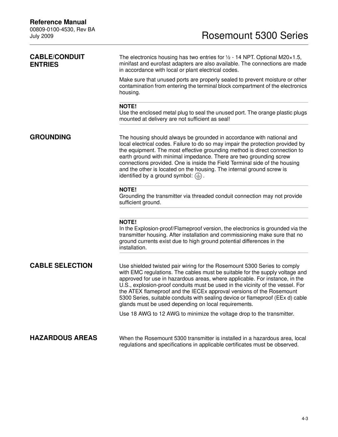 Emerson Process Management 5300 manual CABLE/CONDUIT Entries Grounding Cable Selection, Hazardous Areas 