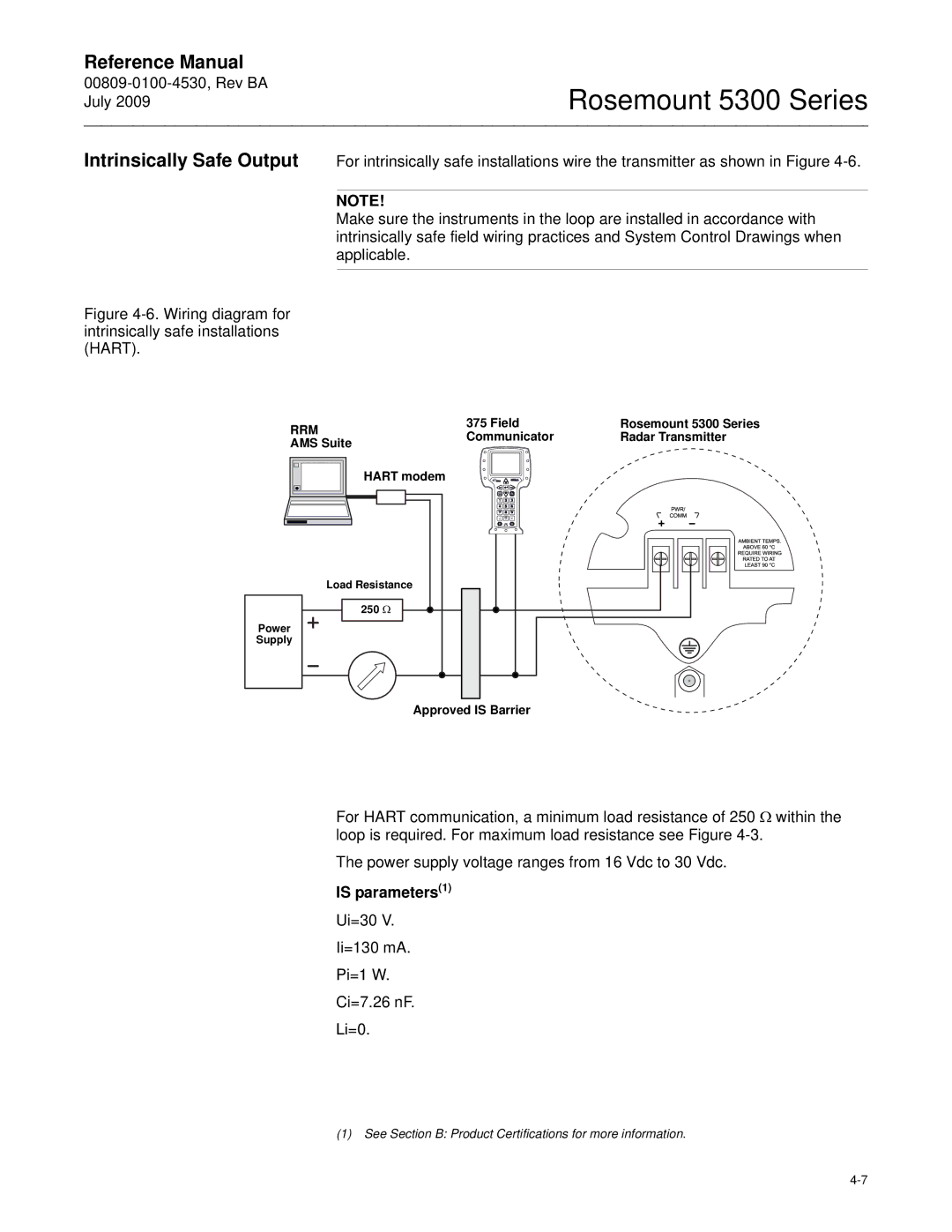 Emerson Process Management 5300 manual Is parameters1, Ui=30 Ii=130 mA Pi=1 W Ci=7.26 nF Li=0, Approved is Barrier 