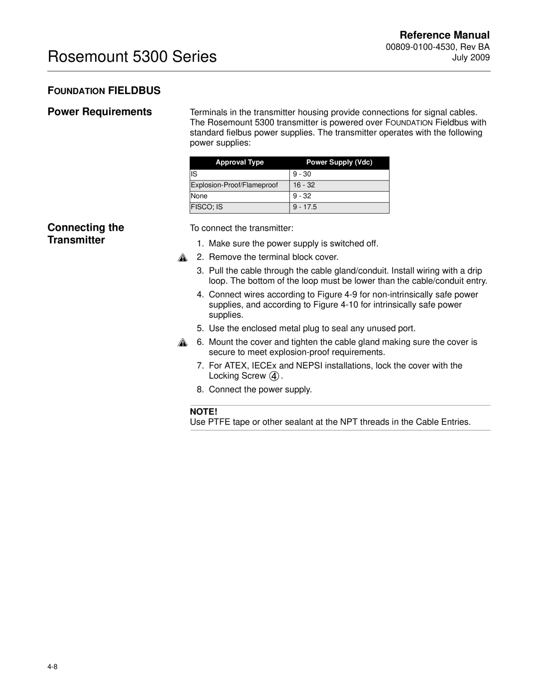 Emerson Process Management 5300 manual Power Requirements, Power supplies, Approval Type Power Supply Vdc 