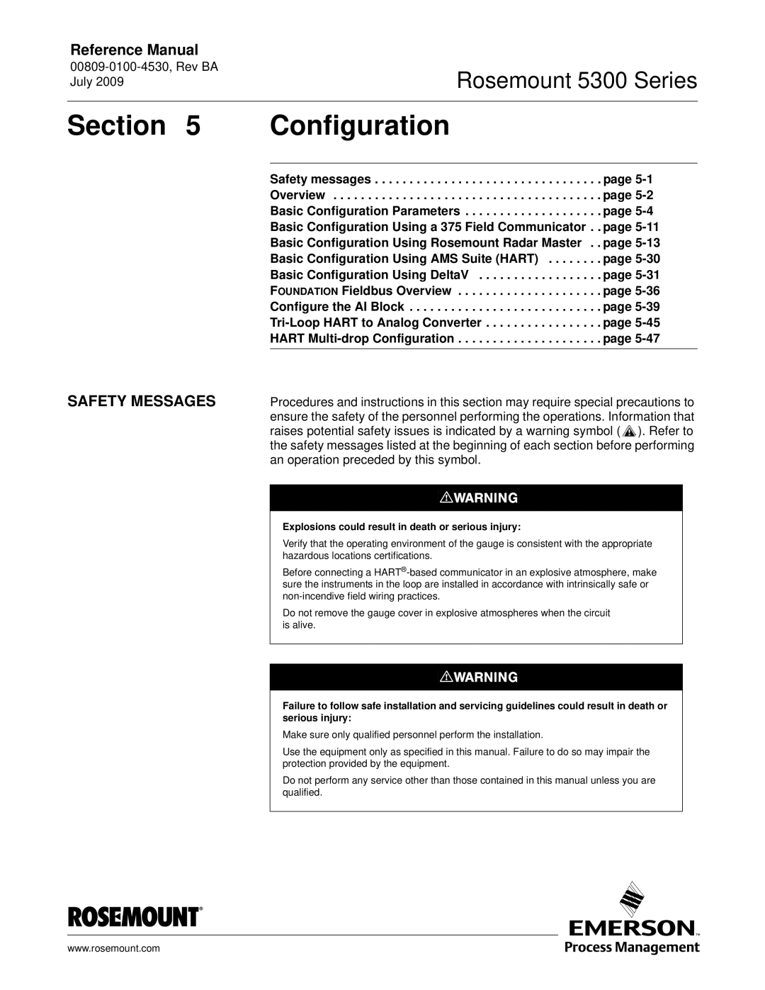 Emerson Process Management 5300 manual Section Configuration, Safety Messages 