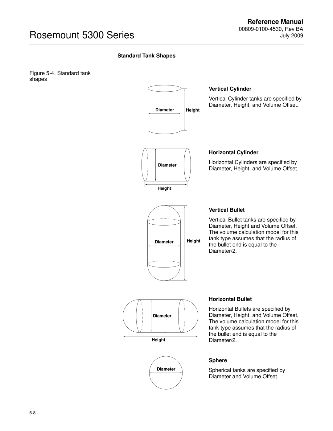 Emerson Process Management 5300 Standard Tank Shapes, Vertical Cylinder, Horizontal Cylinder, Vertical Bullet, Sphere 