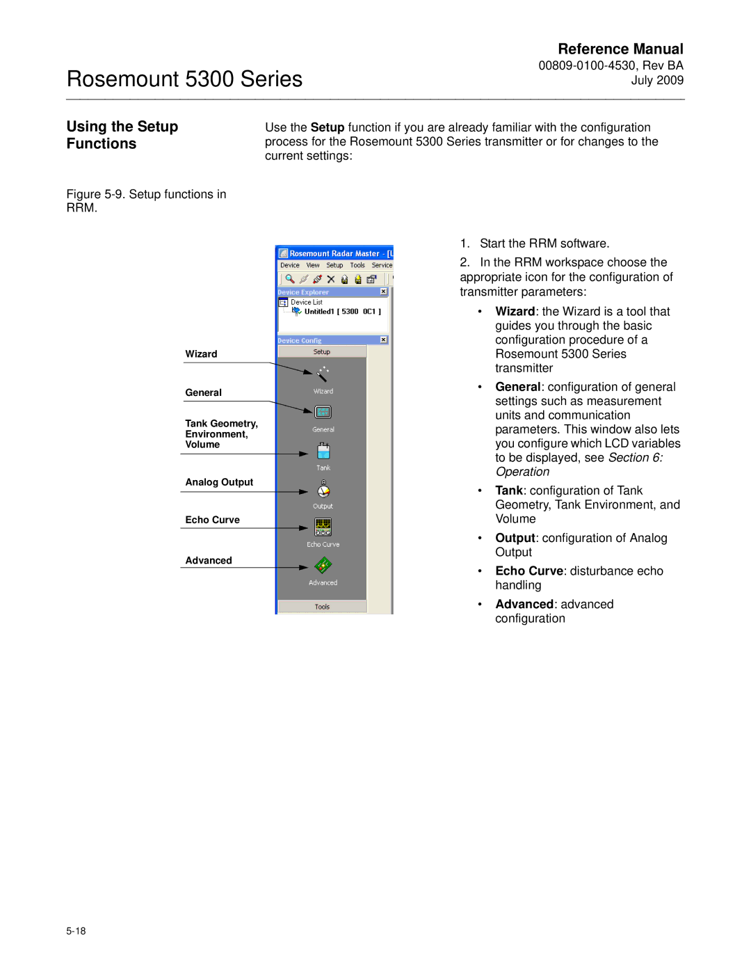 Emerson Process Management 5300 manual Using the Setup Functions 