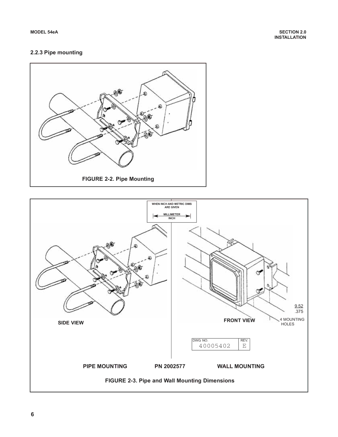 Emerson Process Management 53eA instruction manual Pipe mounting, Pipe and Wall Mounting Dimensions 