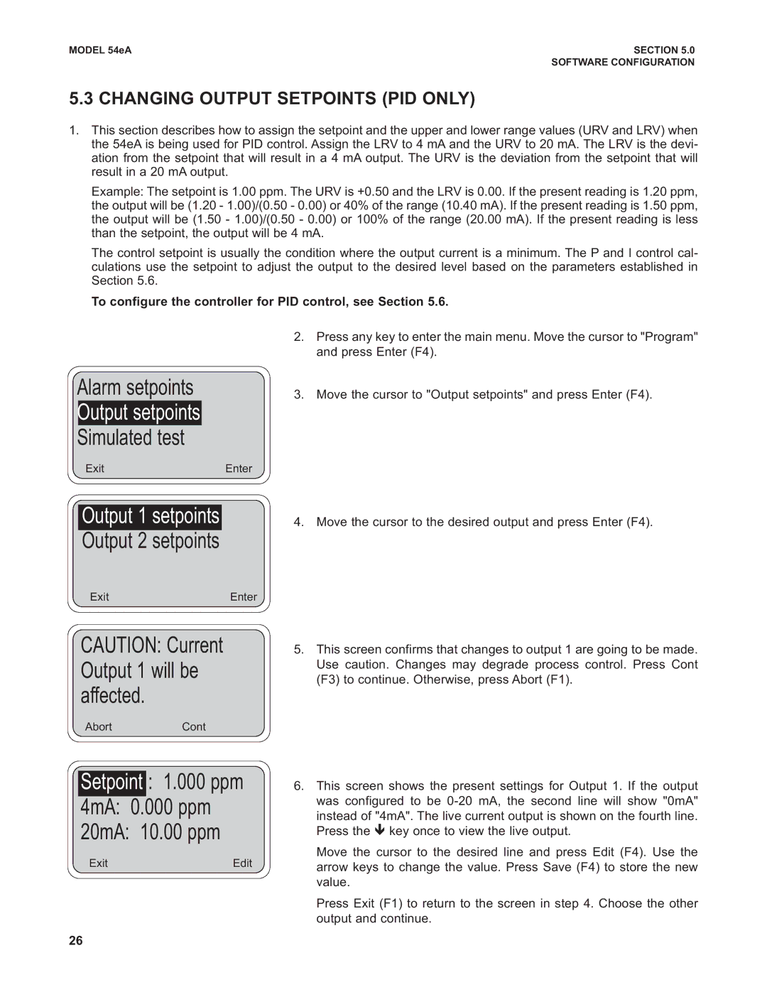 Emerson Process Management 53eA Alarm setpoints, Output setpoints, Simulated test, Changing Output Setpoints PID only 