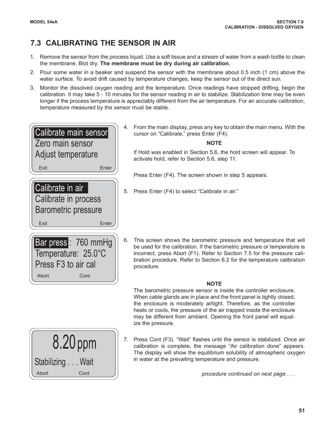 Emerson Process Management 53eA instruction manual Stabilizing . . . Wait, Calibrating the Sensor in AIR 