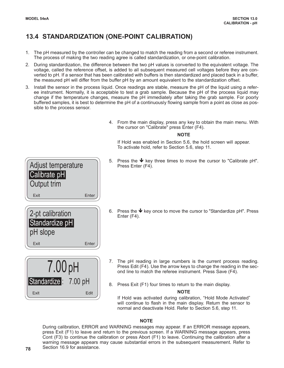 Emerson Process Management 53eA Standardization ONE-POINT Calibration, Pt calibration Standardize pH pH slope 