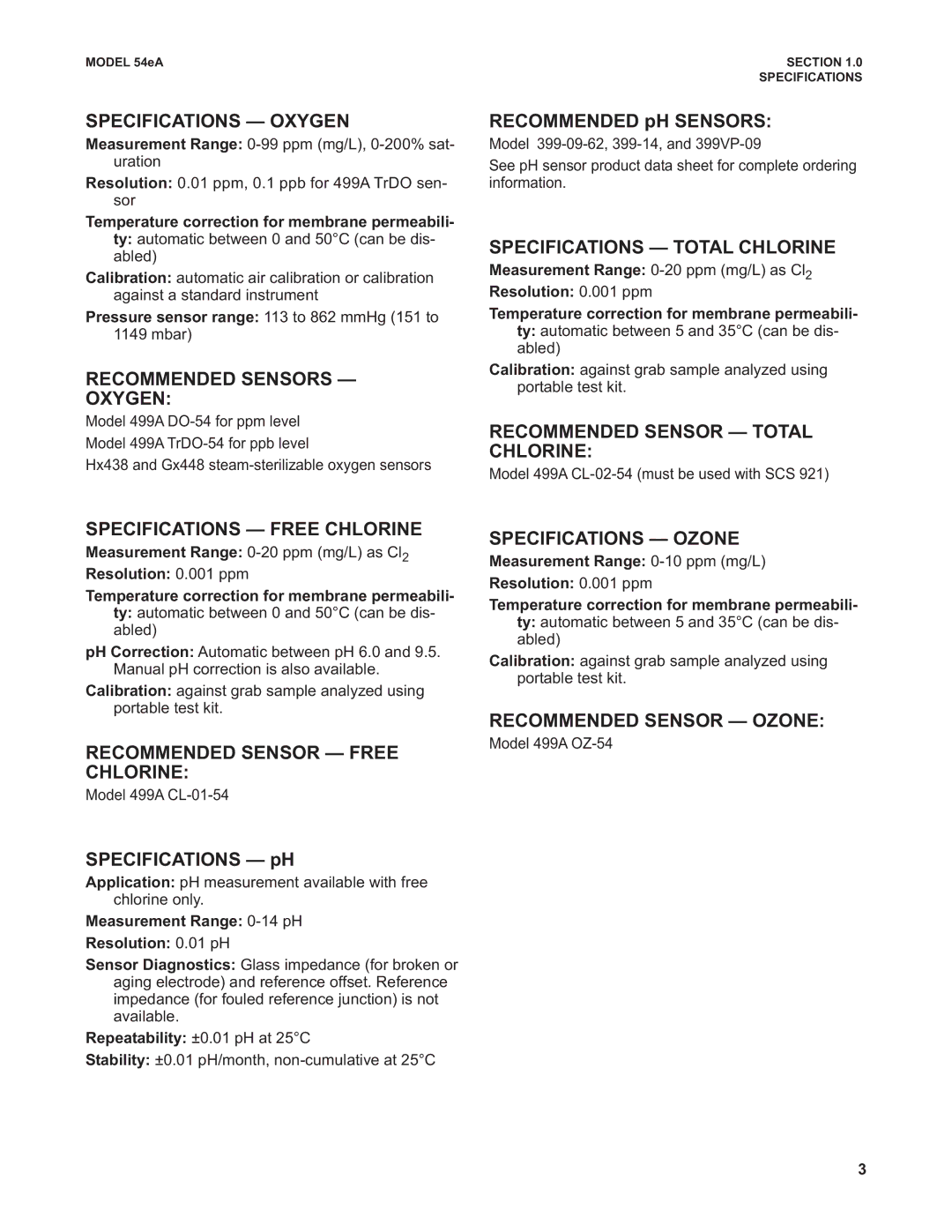 Emerson Process Management 53eA Specifications Oxygen, Recommended Sensors Oxygen, Specifications Free Chlorine 