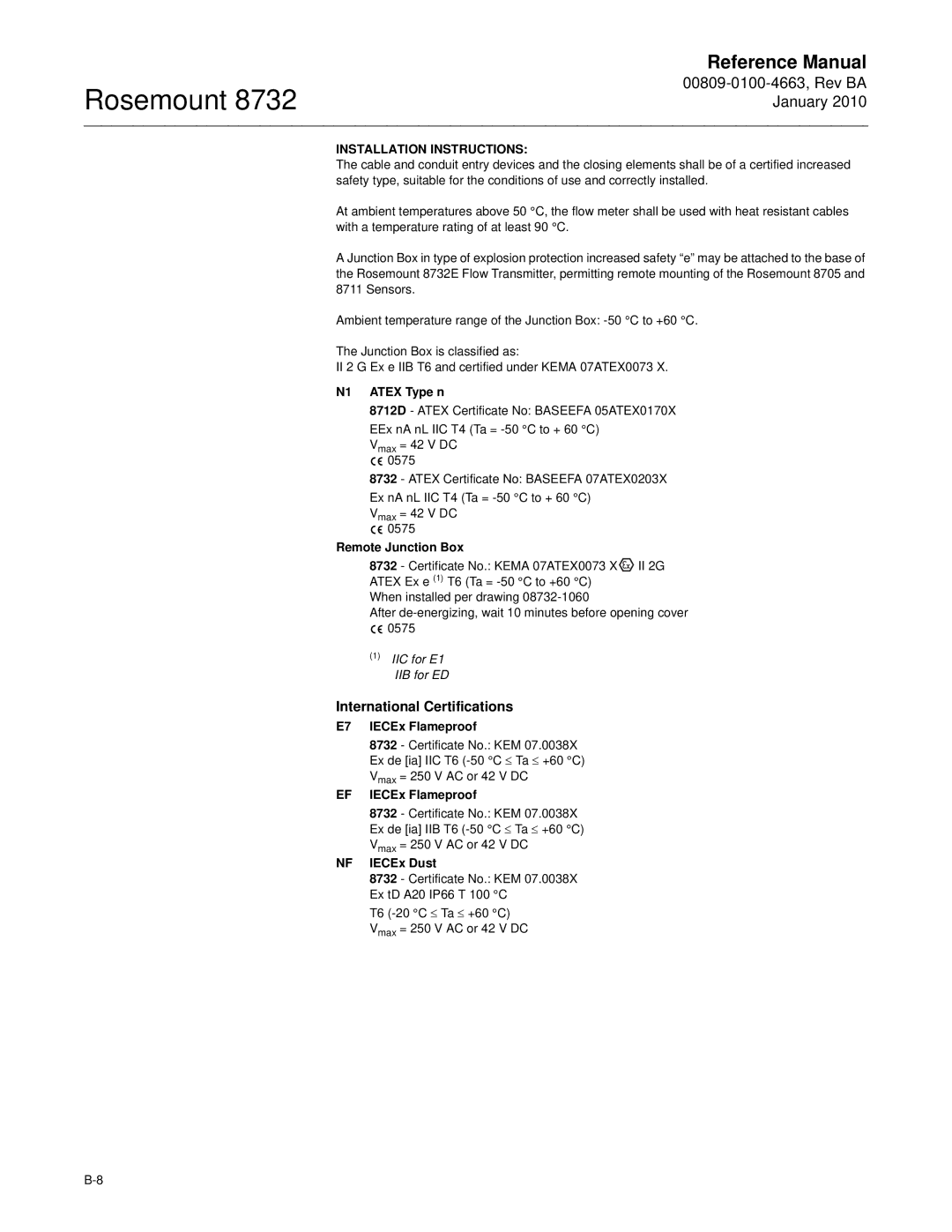 Emerson Process Management 8732 manual N1 Atex Type n, Remote Junction Box, E7 IECEx Flameproof, EF IECEx Flameproof 