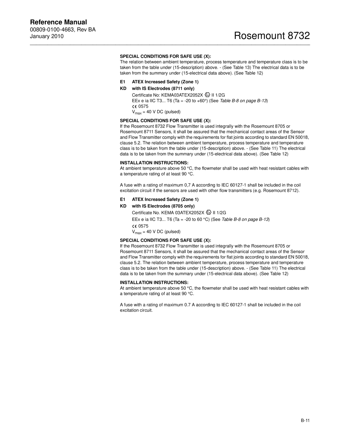 Emerson Process Management 8732 manual Special Conditions for Safe USE 