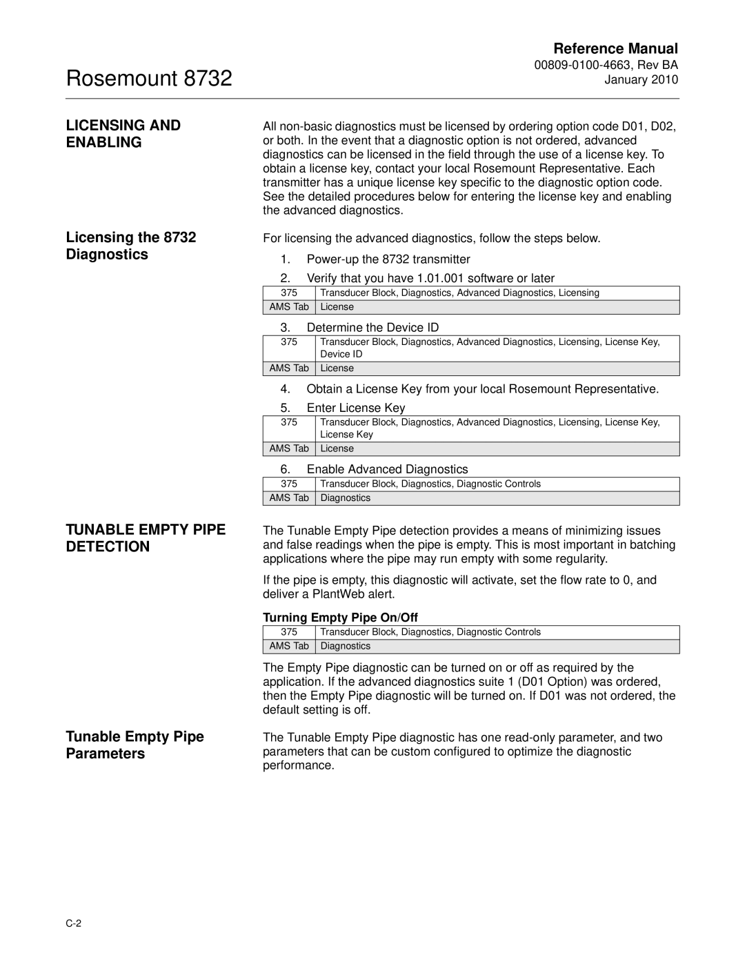 Emerson Process Management manual Licensing and Enabling, Licensing the 8732 Diagnostics, Tunable Empty Pipe Detection 