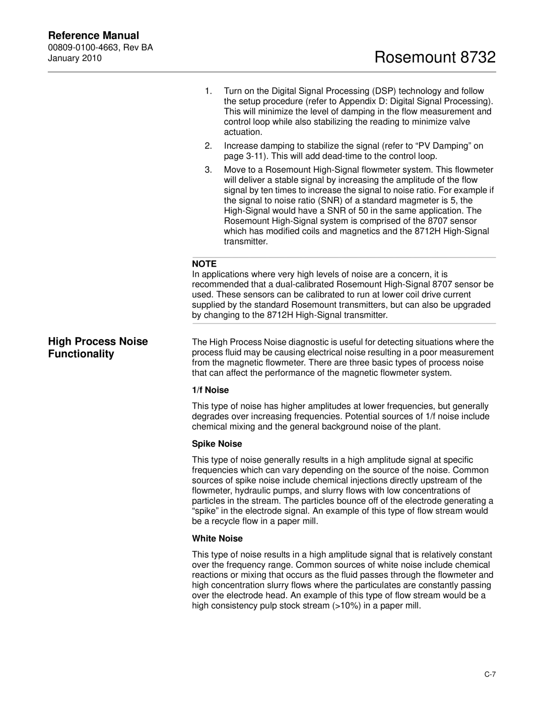 Emerson Process Management 8732 manual High Process Noise Functionality, Spike Noise, White Noise 