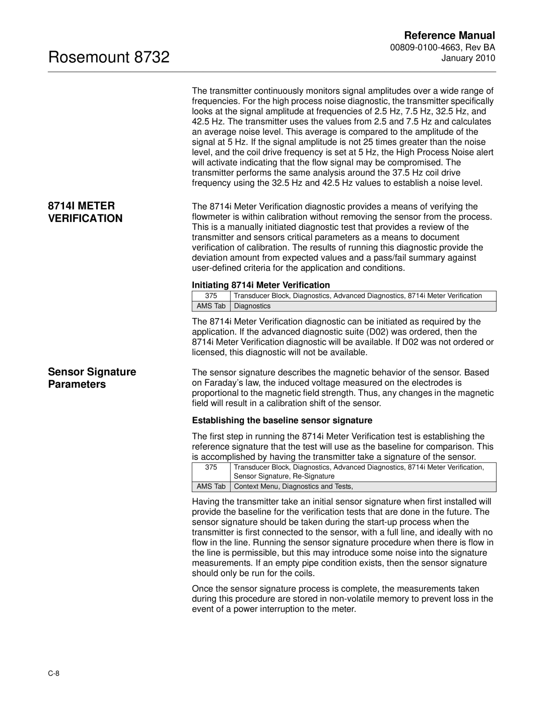 Emerson Process Management 8732 8714I Meter Verification, Sensor Signature Parameters, Initiating 8714i Meter Verification 