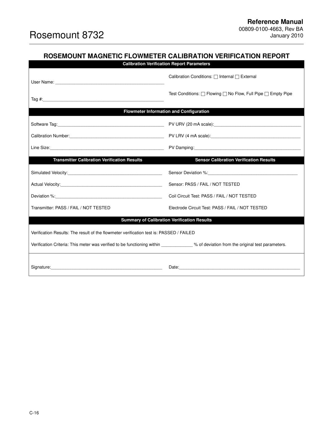 Emerson Process Management 8732 manual Calibration Verification Report Parameters, Flowmeter Information and Configuration 