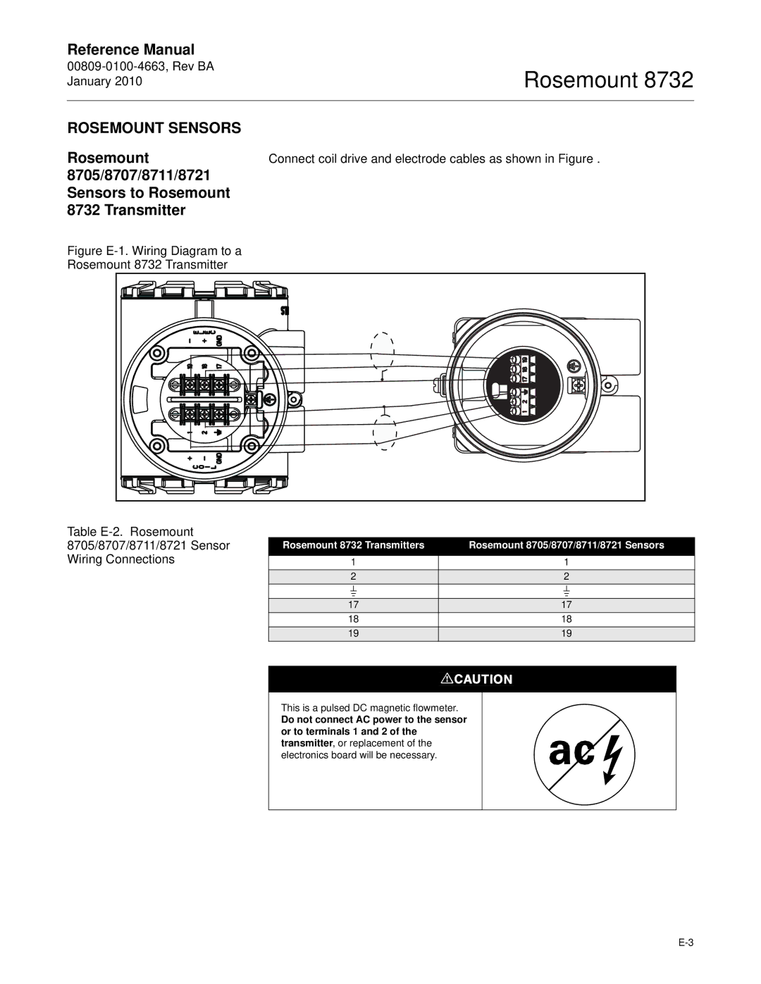 Emerson Process Management 8732 manual Rosemount Sensors, 8705/8707/8711/8721 Sensors to Rosemount Transmitter 