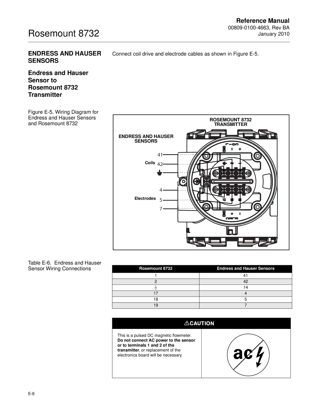 Emerson Process Management manual Endress and Hauser Sensors, Endress and Hauser Sensor to Rosemount 8732 Transmitter 