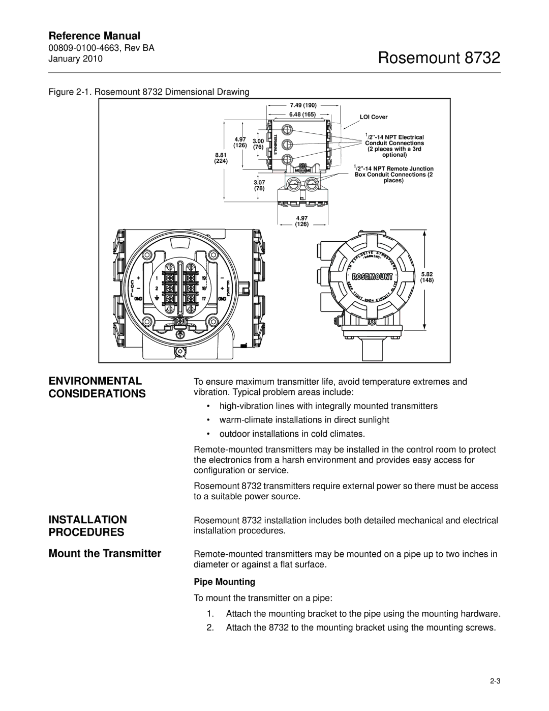 Emerson Process Management 8732 manual Environmental Considerations, Installation, Procedures Mount the Transmitter 