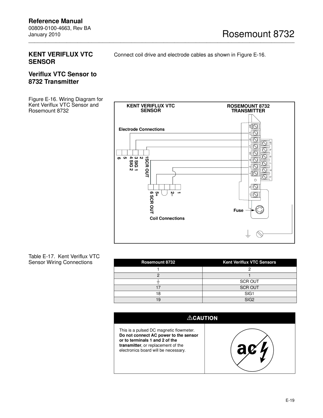 Emerson Process Management manual Kent Veriflux VTC Sensor, Veriflux VTC Sensor to 8732 Transmitter, + 6 SCR 