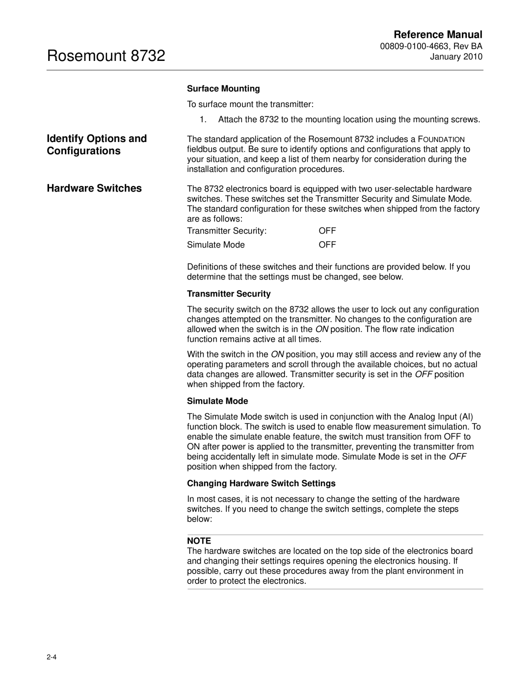 Emerson Process Management 8732 manual Identify Options and Configurations, Hardware Switches 