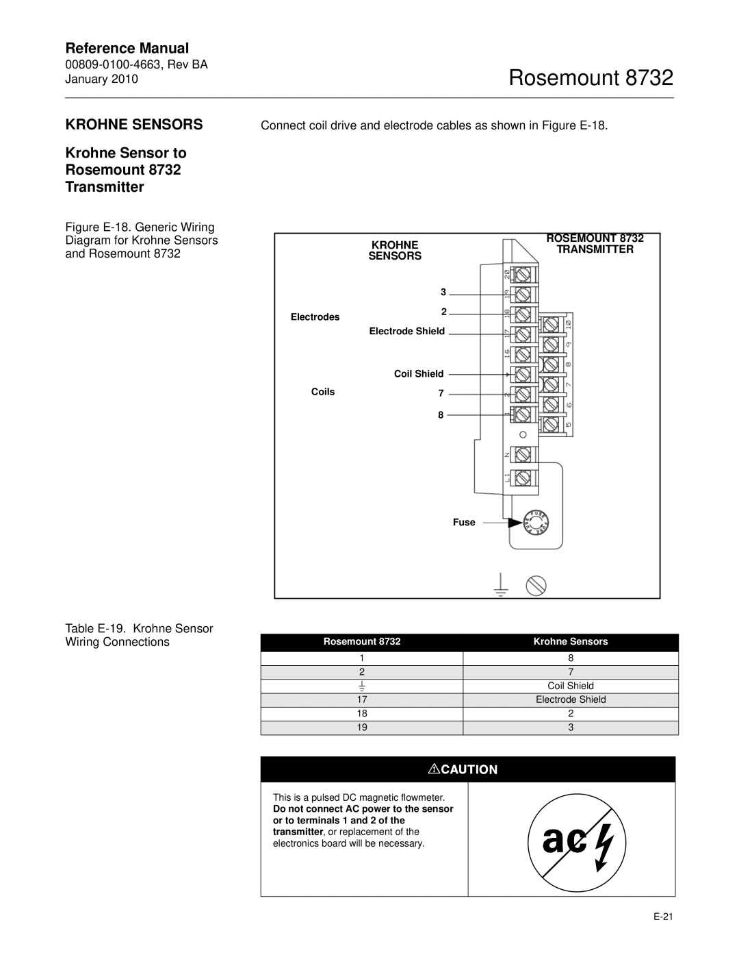 Emerson Process Management manual Krohne Sensors, Krohne Sensor to Rosemount 8732 Transmitter, Coil Shield Coils Fuse 