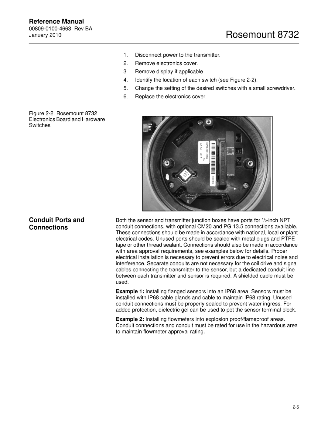 Emerson Process Management 8732 manual Conduit Ports Connections, Rosemount Electronics Board and Hardware Switches 